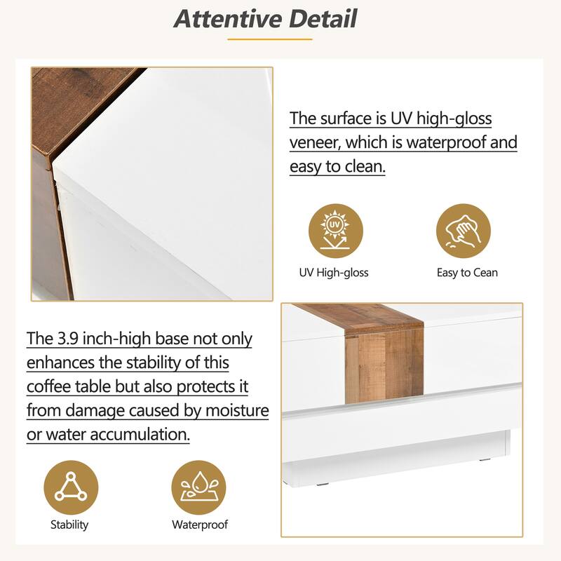 31.4" Square Coffee Table with Sliding Tabletop, Extendable High Gloss Center Table with Hidden Storage