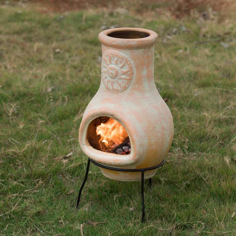 Outdoor Clay Chiminea Sun Design Charcoal Burning Fire Pit - 12" Diameter x 25.50" High