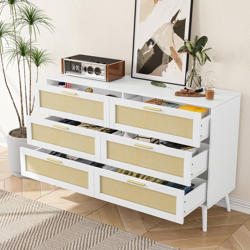 Rattan 6 Drawers Chest of Dressers for Bedroom, Wide Chest of Drawers, Rattan Dresser Storage Cabinet for Living Room, Bedroom