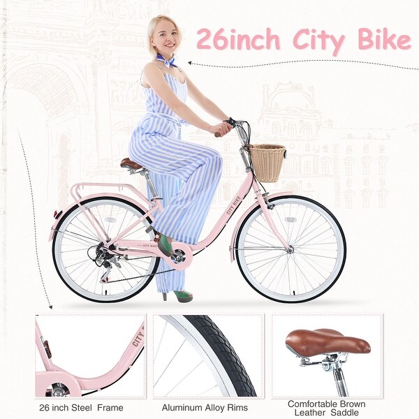 26 Inch Girls Bicycle 7 Speed City Bike Commuter Bicycle with