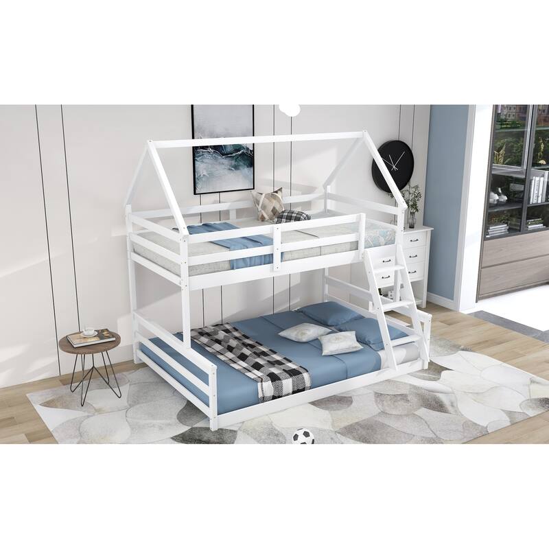 White Twin Size Pine Wood House Design Bunk Bed with Built-in Ladder and Guardrail, Converts to Separate Beds