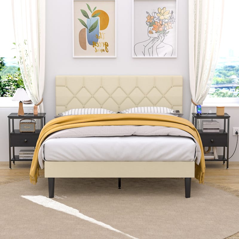 VECELO Nightstand Set with Charging Station 2 AC Outlets & 2 USB Ports 24-Inch High nightstand with Fabric Drawer 2 Open Shelves