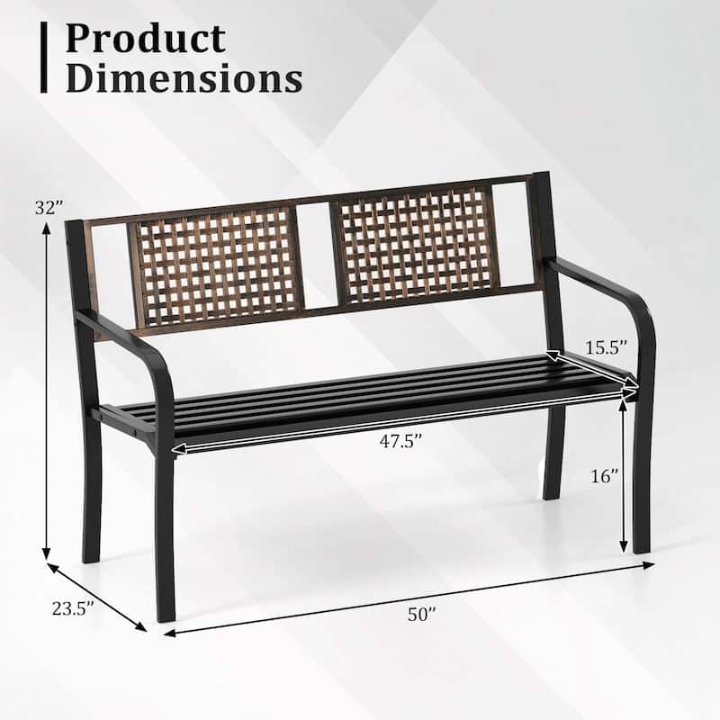 50" Outdoor Metal Park Bench Garden Slatted Bench for 2-3 People