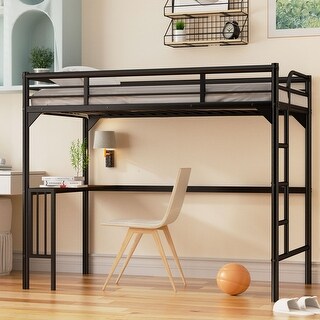 Twin Metal Loft Bed with Integrated Desk and Guardrails , Sturdy Construction