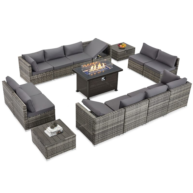 12-Person Patio Conversation Set with Fire Pit Table, All-Weather Wicker Outdoor Furniture - Grey