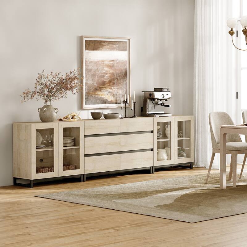 WAMPAT 3 in 1 Multifunctional Dresser with Glass Doors and 6 Drawers, Modern Chest of Drawers for Bedroom - Beige - 6-drawer