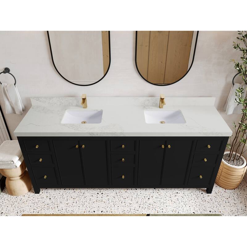 Willow Collections 84 in. W x 22 in. D Chicago Double Bowl Sink Bathroom Vanity with Countertop - 2"Calacatta Nuvo - Black