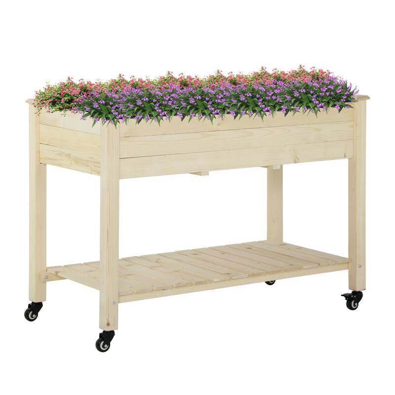 Outsunny Raised Garden Bed Mobile Elevated Wood Planter Box w/ Lockable Wheels, Storage Shelf for Herbs and Vegetables