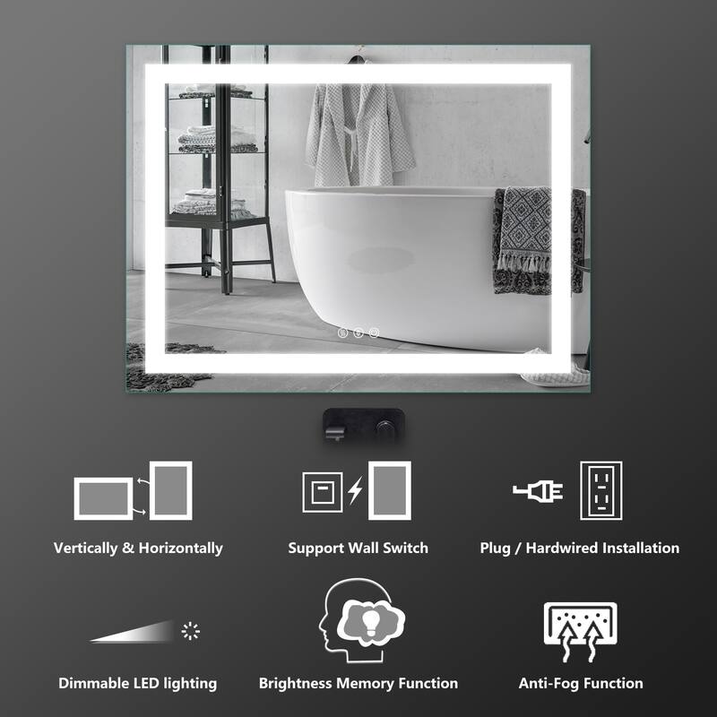LED Bathroom Vanity Mirror Wall Mounted Dimmable Anti-Fog Mirror with 3 Buttons Vertical & Horizontal Hang