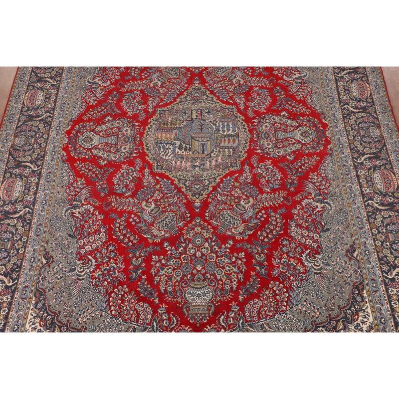 Pictorial Red Floral Kashan Turkish Rug Medallion Machine Made Carpet - 9'7" x 13'0"