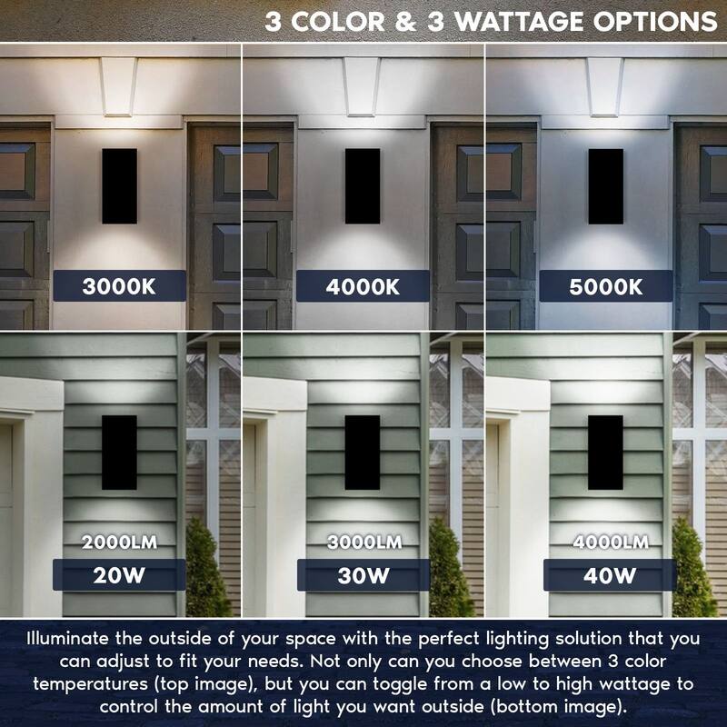 Luxrite Dusk to Dawn LED Outdoor Wall Light, 12", Up or Up and Down Light, 3CCT 3000K-5000K, 20/30/40W, IP65, ETL 2-Pack