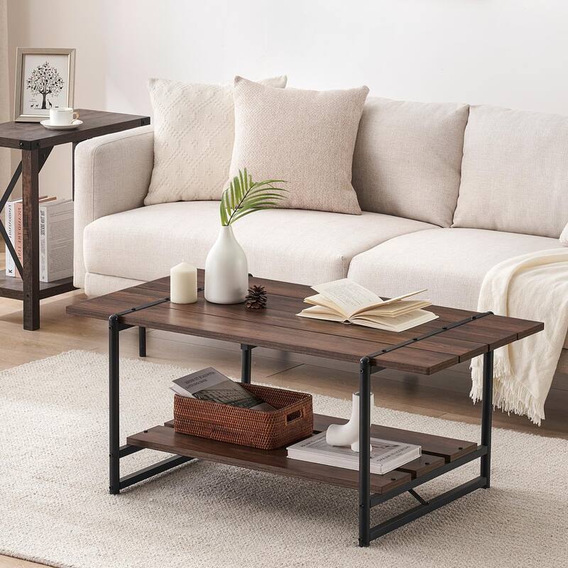 2-Tier Modern Industrial 41'' Large Wood Coffee Table with Storage Shelf