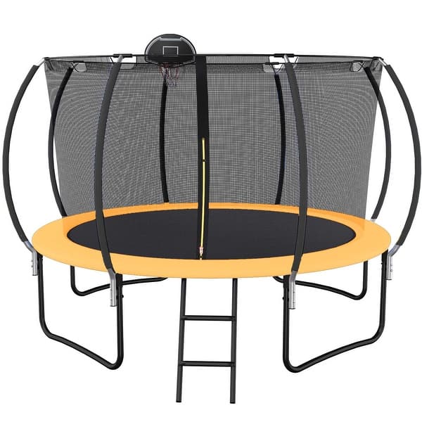 slide 2 of 9, 12 FT Trampoline Inside Safety Net With Basketball Hoop Kids