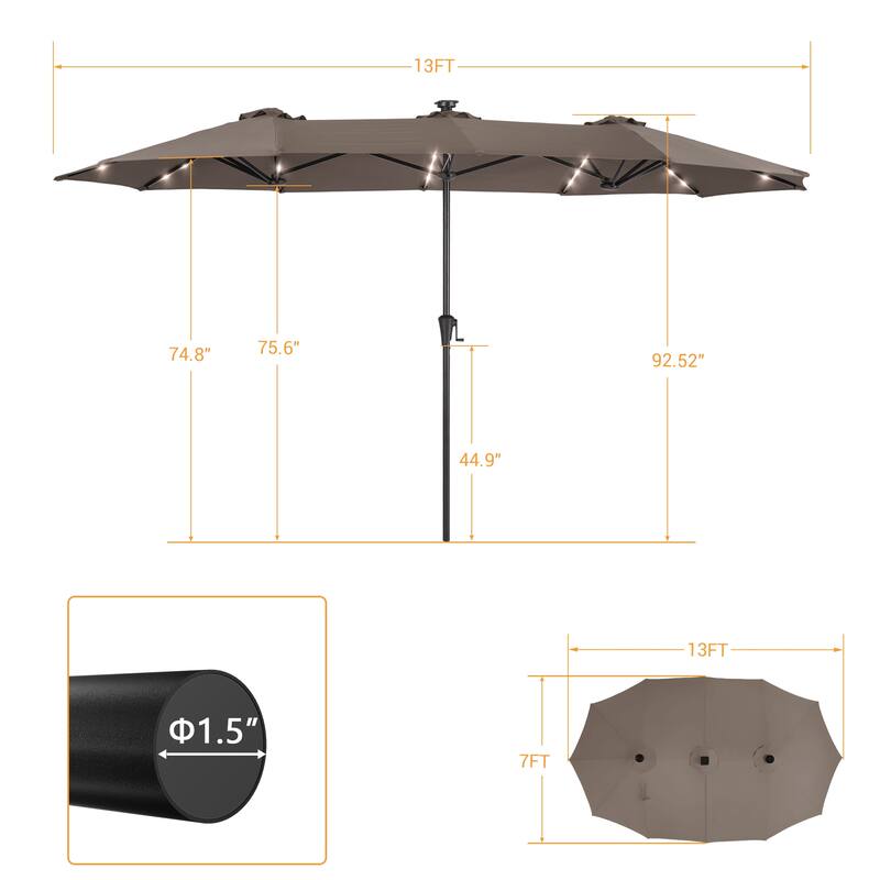 LIVOOSUN 13 x 7.2ft Large LED Double-Sided Rectangular Outdoor Patio Market Umbrella with Crank, Solar Panel, Navy Blue