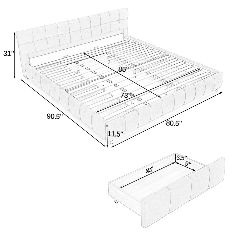 King Size Upholstered Bed ,Comfortable Upholstered Bed Frame,With Headboard And Solid Bed Frame,With Drawer For Storage