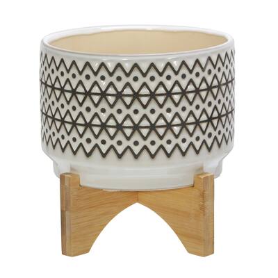Off-White Ceramic Planter with Black Hand-painted Design on Wood Stand - 7.0" x 7.0" x 8.0"