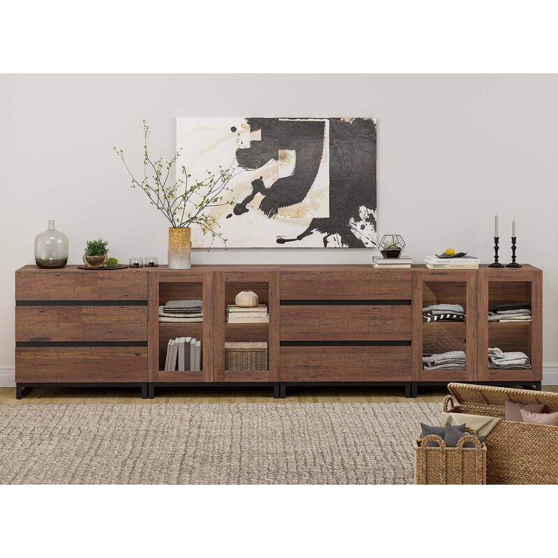 4 in 1 Modern Dresser with Glass Doors and 6 Drawers,Storage Cabinet with Adjustable Shelves, Chest of Drawers