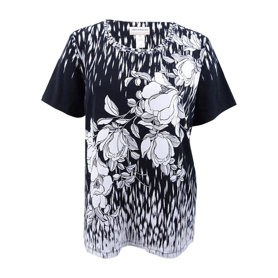 Shop Alfred Dunner Women S Plus Size Floral Print Lattice Neck Top 3x Black Black 3x Free Shipping On Orders Over 45 Overstock 27991204