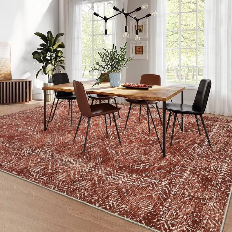 Vintage Geometric Living Room Rug Washable Indoor Bedroom Rugs Non Slip Low Pile Area Rug