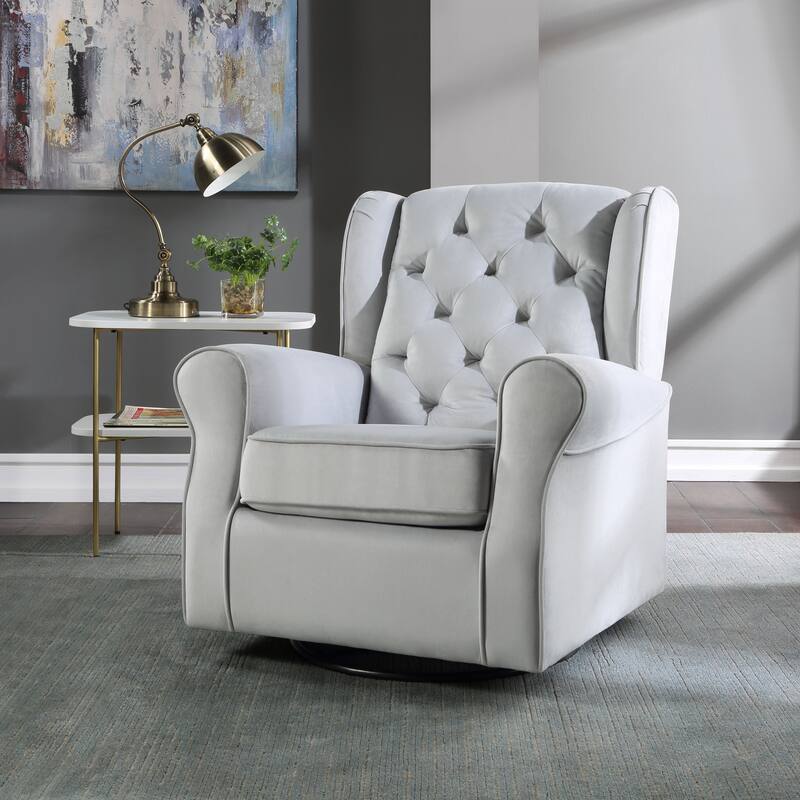 Grey Glider Swivel Chair: Transitional Design, Tufted Back, Stable Metal Base - Gray