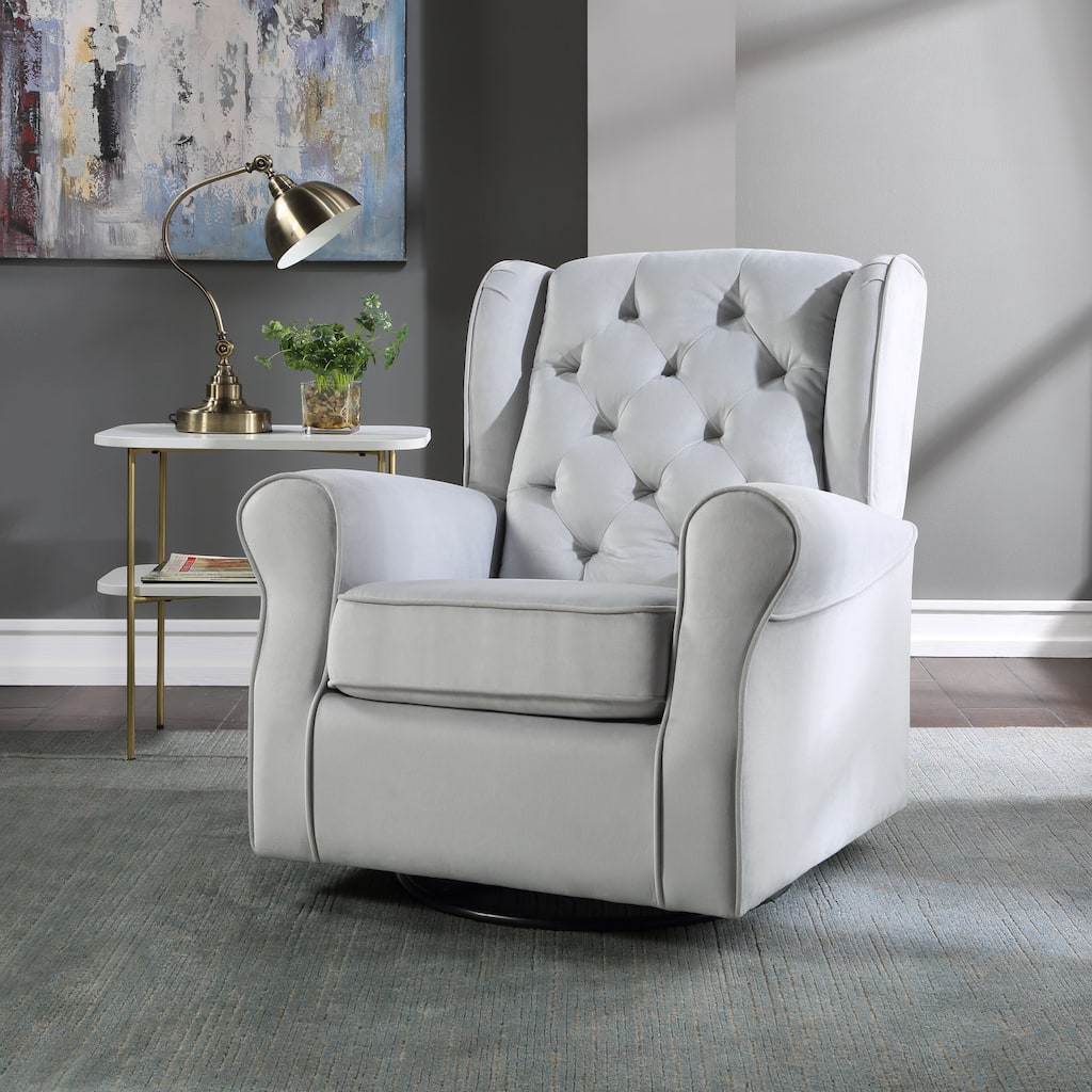 Grey Glider Swivel Chair: Transitional Design, Tufted Back, Stable Metal Base