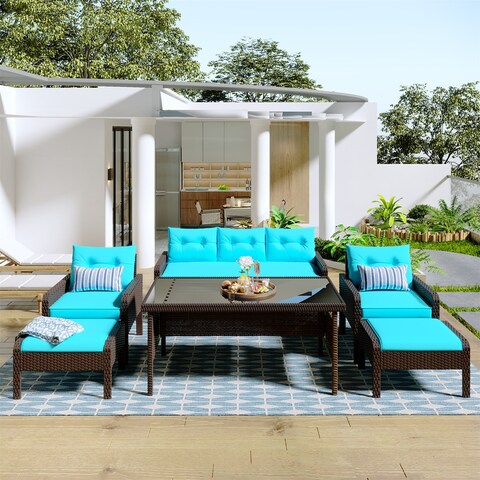 Clihome 6-Pcs Patio PE Wicker Rattan Sofa Set Dining Table Set with Removable Cushions