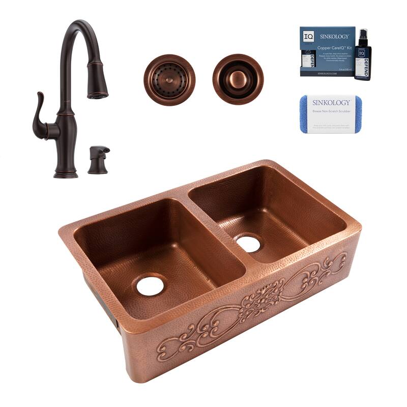 Ganku Copper 36″ Farmhouse Apron Front Undermount Double Bowl Kitchen Sink with Maren Bronze Faucet Kit