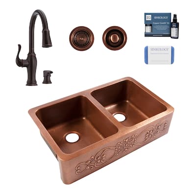 Ganku Copper 36″ Farmhouse Apron Front Undermount Double Bowl Kitchen Sink with Maren Bronze Faucet Kit