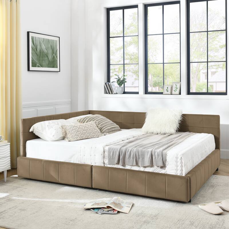 Queen Size Bed Upholstered Tufted Bed Frame Storage Sofa Bed Frame with L-shape Guardrail Velvet Platform Bed for Living Room