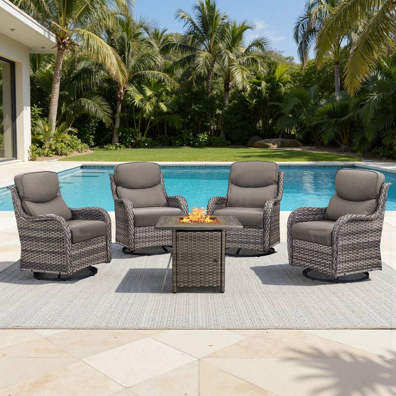 Meyreso 5-Piece Outdoor Patio Wicker Fire Pit 4 person Conversation Set with 5-Inch Thick Cushions