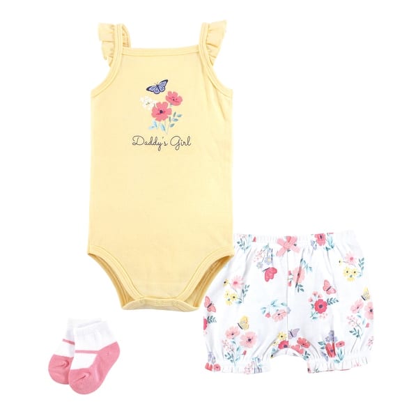 slide 1 of 1, Hudson Baby Infant Girl Bodysuit, Short and Sock, Butterfly Floral Daddy 18-24 Months - Butterfly Floral Daddy