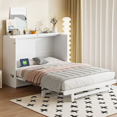 Full/Queen Size Murphy Bed Wall Bed with a Large Storage Drawer, Foldable Murphy Cabinet Bed with USB Ports and Outlets