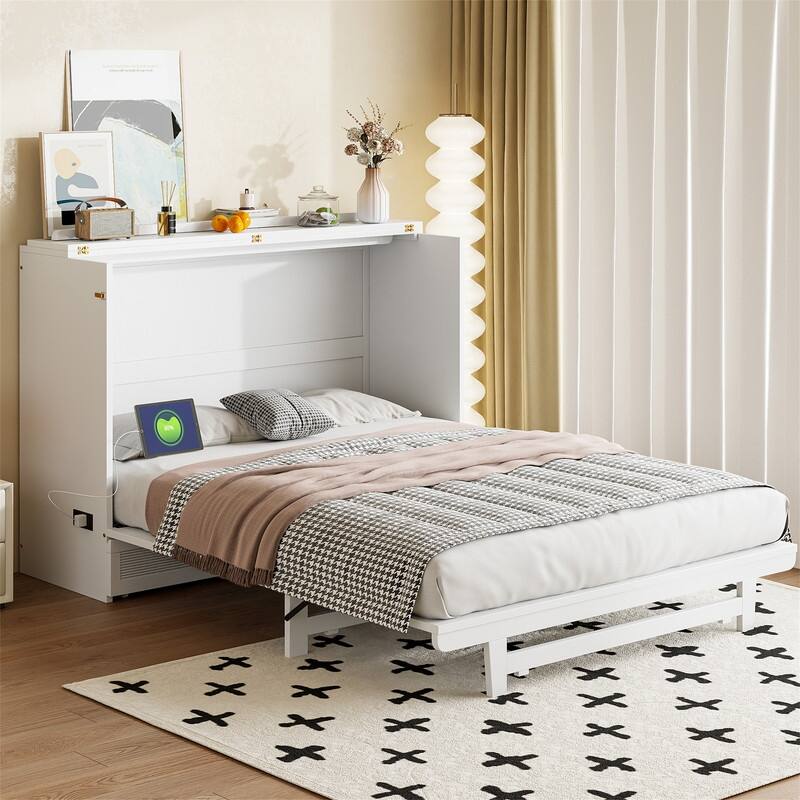 Full/Queen Size Murphy Bed with a Large Storage Drawer, Modern Wall Bed Foldable Murphy Cabinet Bed with USB Ports and Outlets - White - Queen