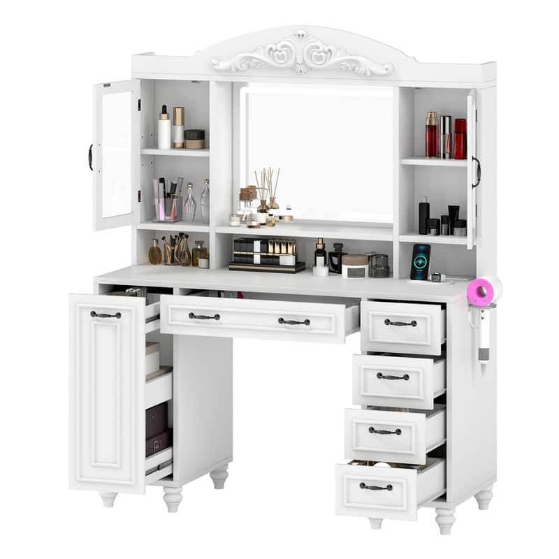 Moasis Modern 5-Drawer Makeup Vanity Table With Exquisite Carved and Built-in Charging Station