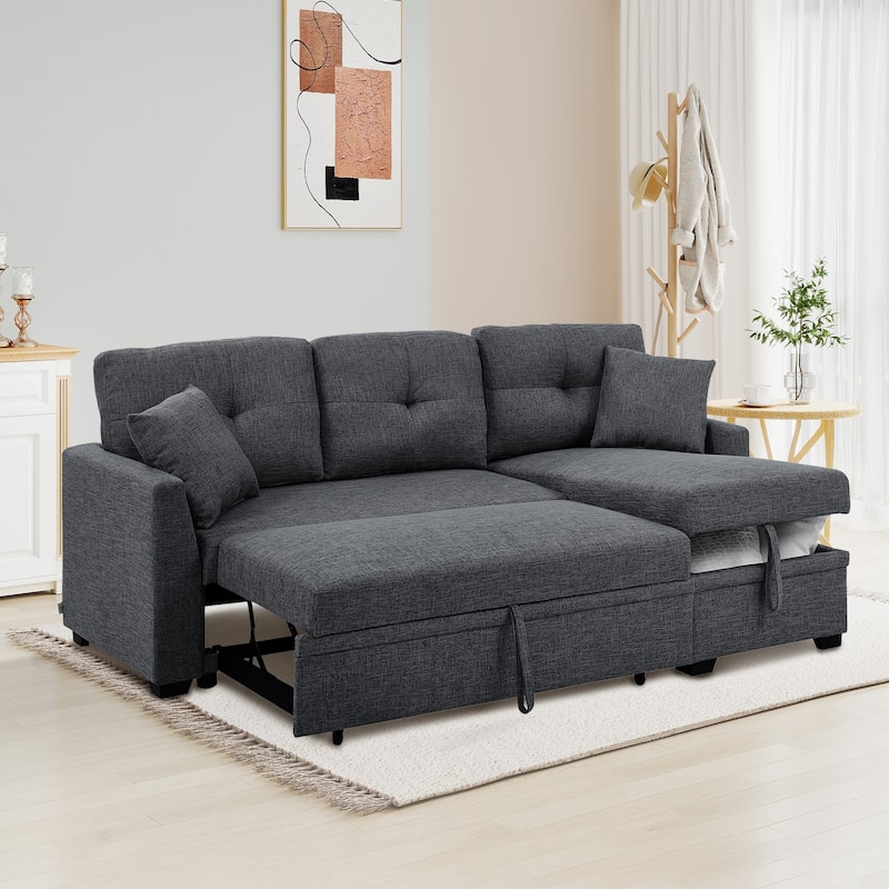 Polyester Upholstered L-Shaped Tufted Storage Modular Sleeper Sectional Sofa with 2 Pillows - Grey