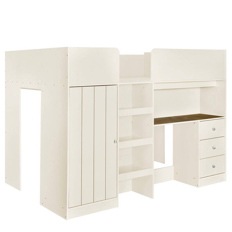 Full Size Wood Loft Bed with Built-in Wardrobe, Desk, Storage Shelves and Drawers
