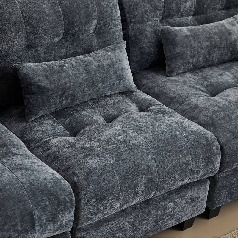 Sectional Sofa with Ottoman, Chenille Fabric Sofa with 4-Position Adjustable Backrest & 3 Pillows, Comfy Upholstered 3 Seat Sofa