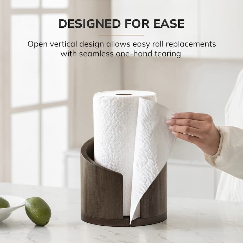Jani Wooden Paper Towel Holder Stand with Mango Wood Base and Metal Rod - Durable Countertop Kitchen Organizer for Roll Storage