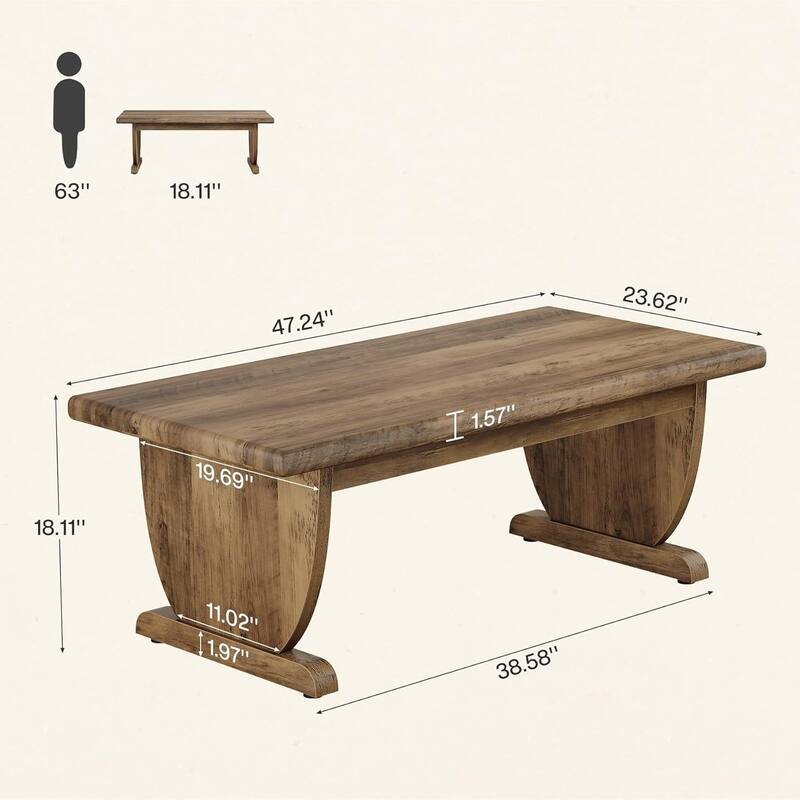 47.24-Inch Rectangle Coffee Table, Large Wooden Low Cocktail Tea Table