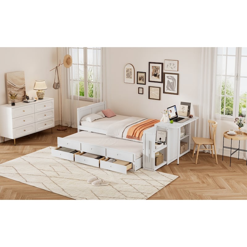 Twin Size Multifunctional Wood Platform Bed with Desk and Storage Shelf at the End of the Bed, Built-in Trundle and 3 Drawers