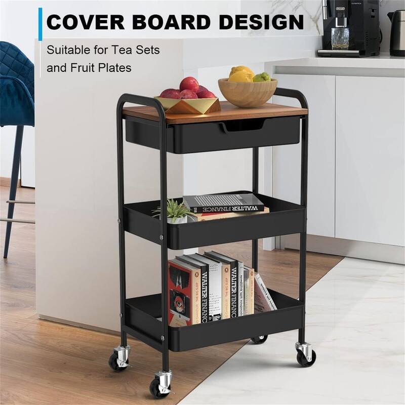 3 Tier Rolling Cart with Drawer - 12"D x 4"W x 17"H