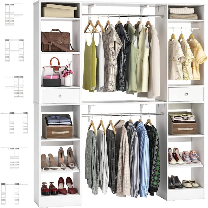 58" W - 90" W Closet System with 3 Hanging Rods and Shelves,Walk in Closet Organizer with 2 Drawers & Shoe Rack,Closet Wardrobe