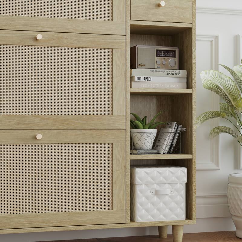 GDFStudio - Bohemian Style Shoe Cabinet with 3 Flip Drawers, 3 Shelves, 1 Storage Drawer and Hooks