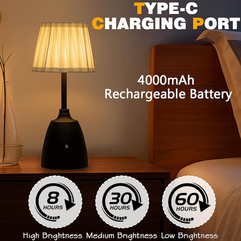 14'' Classic Fabric Shade Rechargeable LED Table Lamp Touch Control Cordless USB Nightstand Lamp with Stepless Dimming(2 Pack)