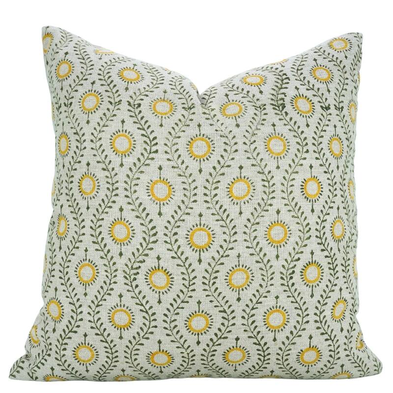 Fabdivine Block Print Accent Pillowcase Heavy Linen for Bed or Couch Floral Home Fall or Farmhouse Décor Boho Yellow, Lehar - Pillow Covers - Lehar- Yellow, Green - 24" x 24"