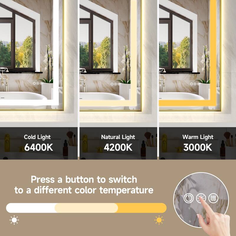 Gold-Silver Glass LED Vanity Mirror with Dual Lighting, Anti-Fog and Dimming - 60” W x 36” H