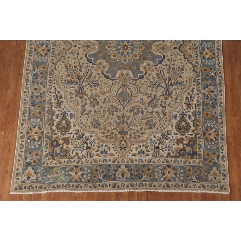 Tabriz Persian Vintage Rug Handmade Traditional Beige Wool Carpet - 6'10"x 9'10"