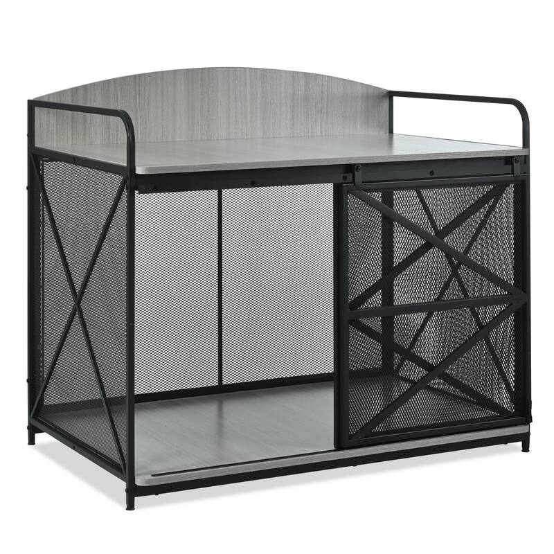 Wood Large Dog Crate Furniture with Curved Back Panel and Sliding Door, Dog Kennel Indoor End Table, Decorative Pet House