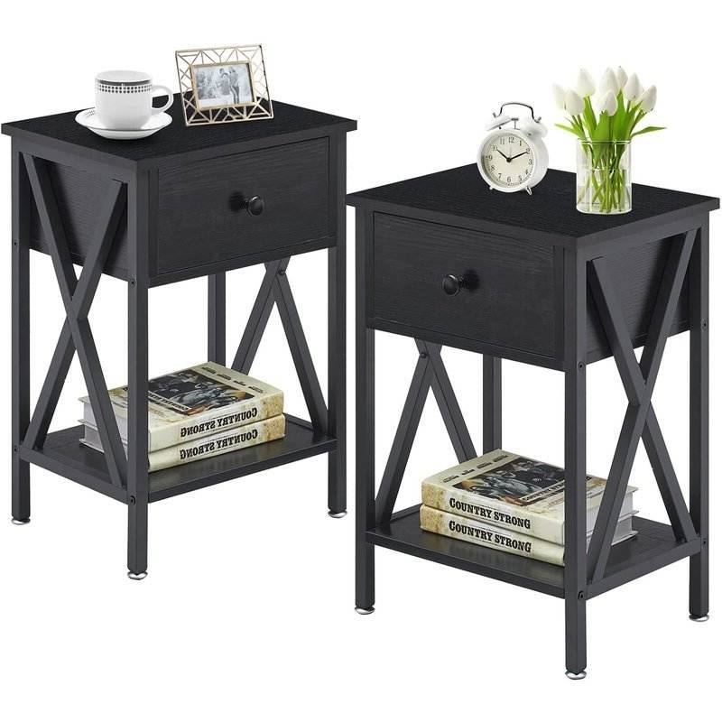 Set of 2 Bedroom Nightstands with Steel Frame and Drawer
