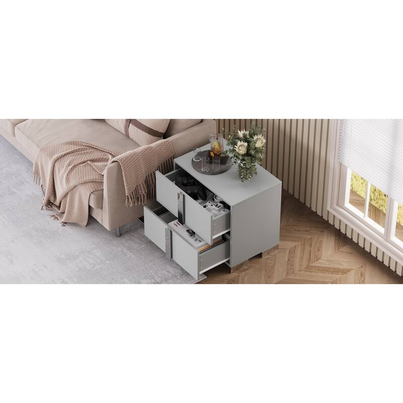 Modern End Table with Drawers, Elegant Nightstand with Metal Foot,Wood Bedside Table with Mirrored Metal Handles